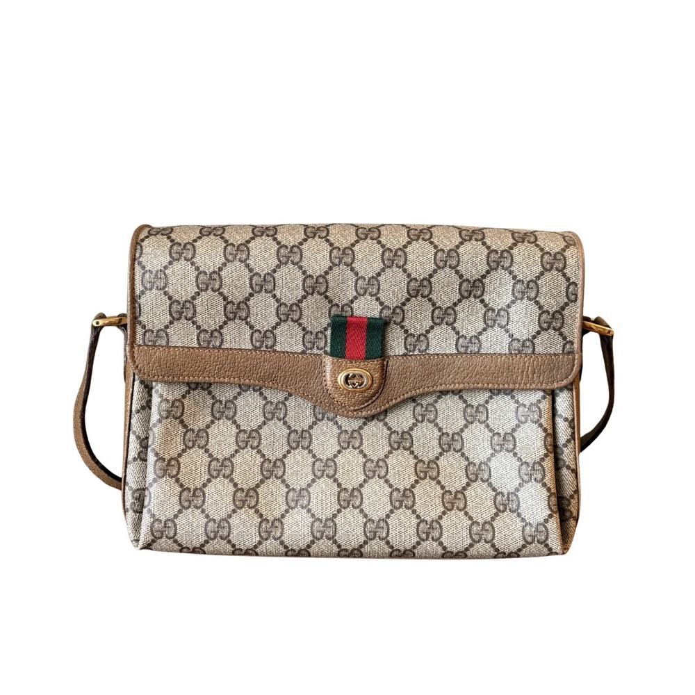 Gucci Beige GG Supreme Canvas Crossbody with Brown Trim and Green-Red Web
